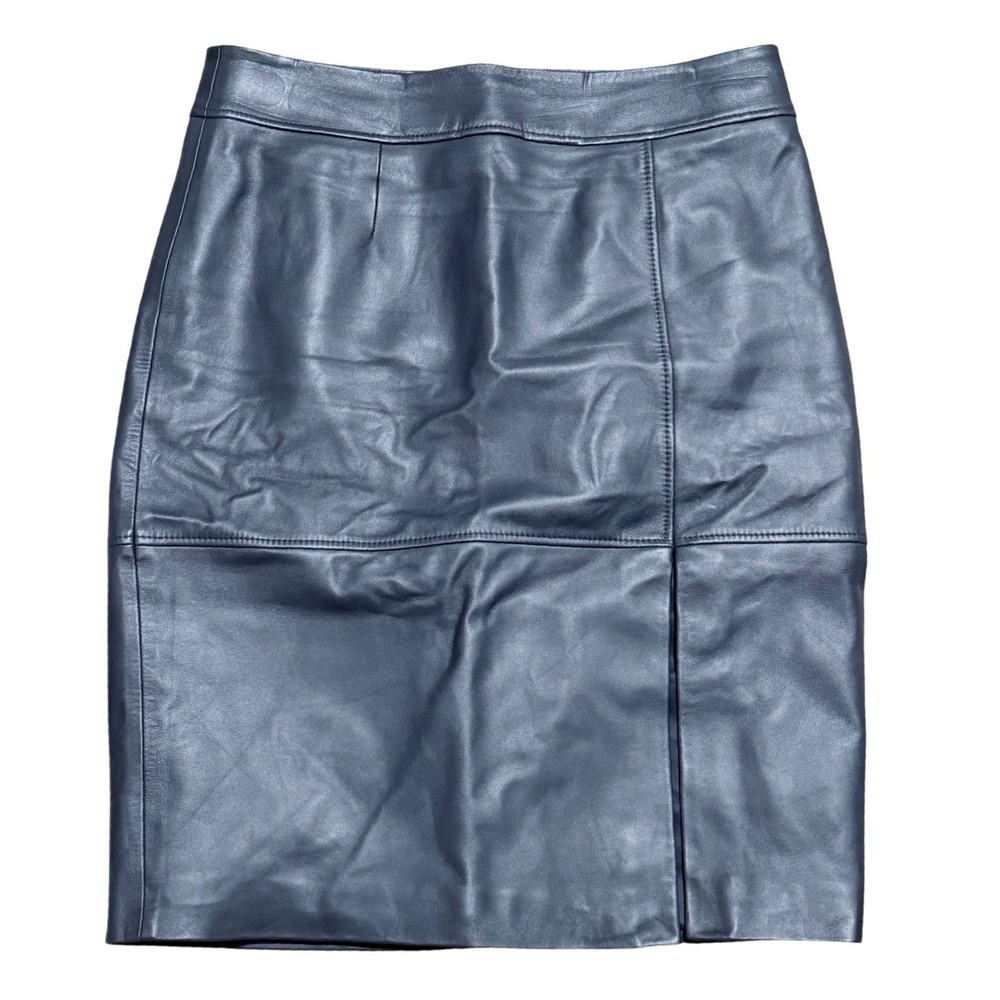 BOSS Womens 12 Navy Blue Leather Pencil Skirt Slit Front Zip Back Lined Lambskin
